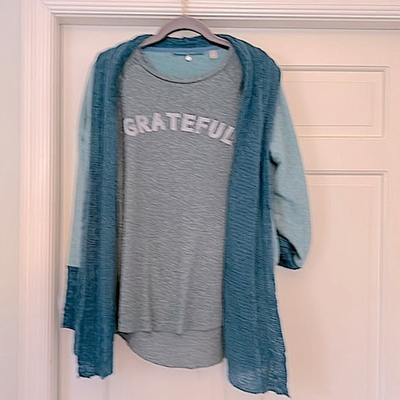 Anthropologie Mohair Open Cardigan Teal Blue Open Crochet Green Small Pockets - Picture 4 of 15